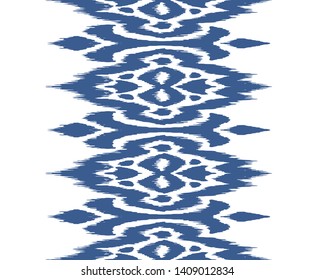 Lace border. Ikat seamless pattern. Vector tie dye shibori print with stripes and chevron. Ink textured japanese background. Ethnic fabric. Bohemian fashion. African creative. Damask rug.