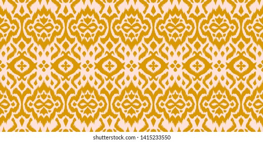 Lace border. Ikat seamless pattern. Vector tie dye shibori print with stripes and chevron. 