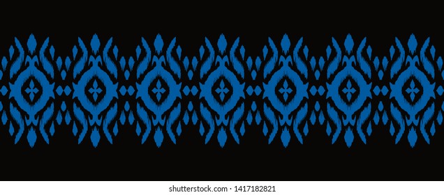 Lace border. Ikat seamless pattern. Vector tie dye shibori print with stripes and chevron. Ink textured japanese background. Ethnic fabric. Bohemian fashion. African creative. Damask rug.