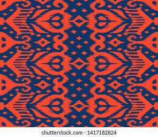 Lace border. Ikat seamless pattern. Vector tie dye shibori print with stripes and chevron. Ink textured japanese background. Ethnic fabric. Bohemian fashion. African creative. Damask rug.
