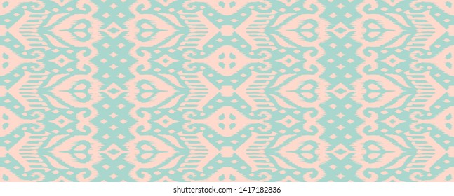 Lace border. Ikat seamless pattern. Vector tie dye shibori print with stripes and chevron. Ink textured japanese background. Ethnic fabric. Bohemian fashion. African creative. Damask rug.