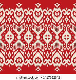 Lace border. Ikat seamless pattern. Vector tie dye shibori print with stripes and chevron. Ink textured japanese background. Ethnic fabric. Bohemian fashion. African creative. Damask rug.