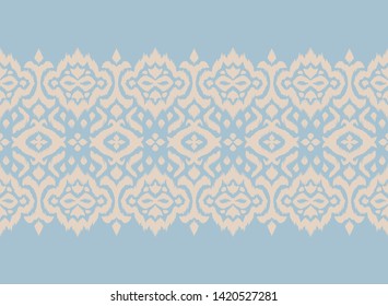 Lace border. Ikat seamless pattern. Vector tie dye shibori print with stripes and chevron. 