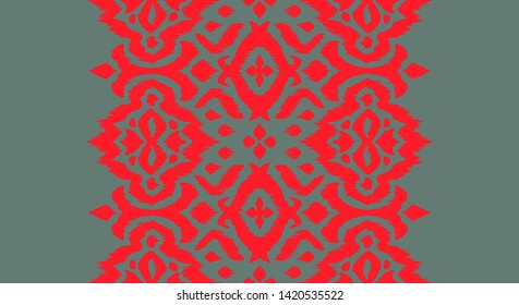 Lace border. Ikat seamless pattern. Vector tie dye shibori print with stripes and chevron. 