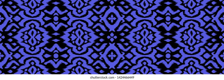 Lace border. Ikat seamless pattern. Vector tie dye shibori print with stripes and chevron. 
