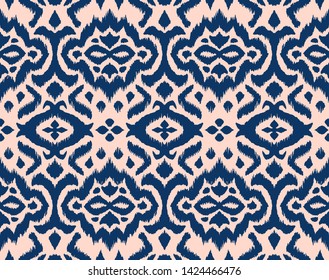 Lace border. Ikat seamless pattern. Vector tie dye shibori print with stripes and chevron. 