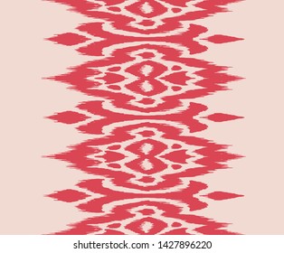 Lace border. Ikat seamless pattern. Vector tie dye shibori print with stripes and chevron. Ink textured japanese background. Ethnic fabric. Bohemian fashion. African creative. Damask rug.