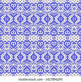 Lace border. Ikat seamless pattern. Vector tie dye shibori print with stripes and chevron. Ink textured japanese background. Ethnic fabric. Bohemian fashion. African creative. Damask rug.