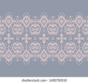 Lace border. Ikat seamless pattern. Vector tie dye shibori print with stripes and chevron. Ink textured japanese background. Ethnic fabric. Bohemian fashion. African creative. Damask rug. 