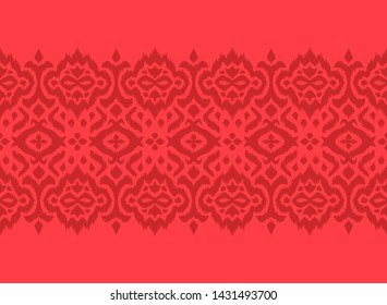 Lace border. Ikat seamless pattern. Vector tie dye shibori print with stripes and chevron. 
