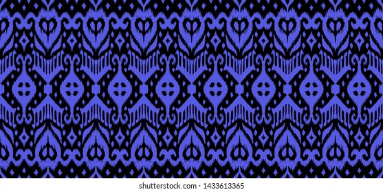 Lace border. Ikat seamless pattern. Vector tie dye shibori print with stripes and chevron. Ink textured japanese background. Ethnic fabric. Bohemian fashion. African creative. Damask rug.