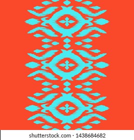 Lace border. Ikat seamless pattern. Vector tie dye shibori print with stripes and chevron. Ink textured japanese background. Ethnic fabric. Bohemian fashion. African creative. Damask rug.