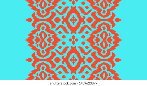 Lace border. Ikat seamless pattern. Vector tie dye shibori print with stripes and chevron. 