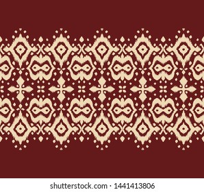 Lace border. Ikat seamless pattern. Vector tie dye shibori print with stripes and chevron. Ink textured japanese background. Ethnic fabric. Bohemian fashion. African creative. Damask rug. 