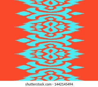 Lace border. Ikat seamless pattern. Vector tie dye shibori print with stripes and chevron. Ink textured japanese background. Ethnic fabric. Bohemian fashion. African creative. Damask rug.