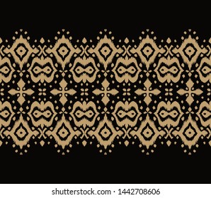 Lace border. Ikat seamless pattern. Vector tie dye shibori print with stripes and chevron. Ink textured japanese background. Ethnic fabric. Bohemian fashion. African creative. Damask rug. 