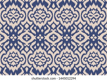 Lace border. Ikat seamless pattern. Vector tie dye shibori print with stripes and chevron. 