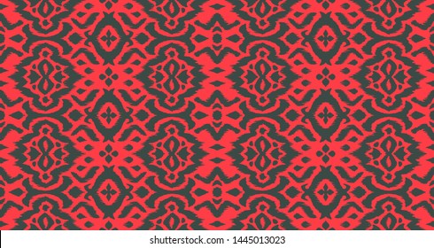 Lace border. Ikat seamless pattern. Vector tie dye shibori print with stripes and chevron. 