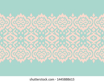 Lace border. Ikat seamless pattern. Vector tie dye shibori print with stripes and chevron. 