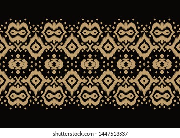 Lace border. Ikat seamless pattern. Vector tie dye shibori print with stripes and chevron. Ink textured japanese background. Ethnic fabric. Bohemian fashion. African creative. Damask rug. 