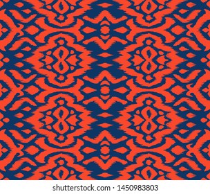 Lace border. Ikat seamless pattern. Vector tie dye shibori print with stripes and chevron. 