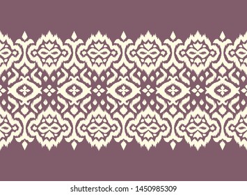 Lace border. Ikat seamless pattern. Vector tie dye shibori print with stripes and chevron. 
