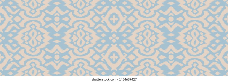 Lace border. Ikat seamless pattern. Vector tie dye shibori print with stripes and chevron. 