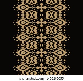 Lace border. Ikat seamless pattern. Vector tie dye shibori print with stripes and chevron. Ink textured japanese background. Ethnic fabric. Bohemian fashion. African creative. Damask rug. 