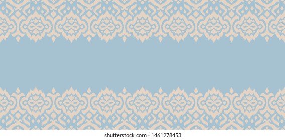 Lace border. Ikat seamless pattern. Vector tie dye shibori print with stripes and chevron. 
