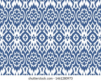 Lace border. Ikat seamless pattern. Vector tie dye shibori print with stripes and chevron. 