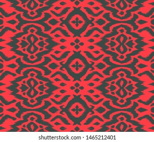 Lace border. Ikat seamless pattern. Vector tie dye shibori print with stripes and chevron. 