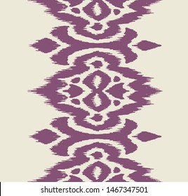 Lace border. Ikat seamless pattern. Vector tie dye shibori print with stripes and chevron. Ink textured japanese background. Ethnic fabric. Bohemian fashion. African creative. Damask rug.