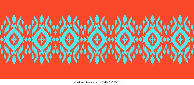 Lace border. Ikat seamless pattern. Vector tie dye shibori print with stripes and chevron. Ink textured japanese background. Ethnic fabric. Bohemian fashion. African creative. Damask rug.