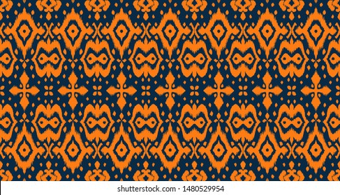 Lace border. Ikat seamless pattern. Vector tie dye shibori print with stripes and chevron. Ink textured japanese background. Ethnic fabric. Bohemian fashion. African creative. Damask rug. 