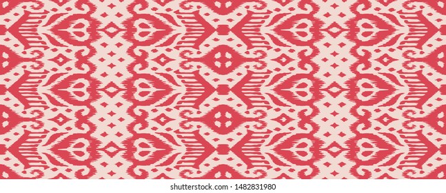 Lace border. Ikat seamless pattern. Vector tie dye shibori print with stripes and chevron. Ink textured japanese background. Ethnic fabric. Bohemian fashion. African creative. Damask rug.