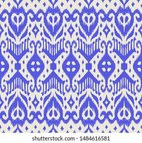 Lace border. Ikat seamless pattern. Vector tie dye shibori print with stripes and chevron. Ink textured japanese background. Ethnic fabric. Bohemian fashion. African creative. Damask rug.