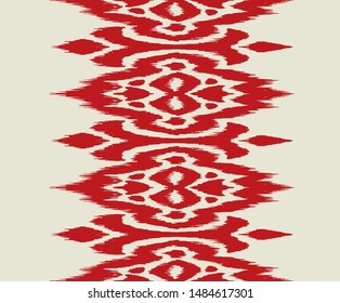 Lace border. Ikat seamless pattern. Vector tie dye shibori print with stripes and chevron. Ink textured japanese background. Ethnic fabric. Bohemian fashion. African creative. Damask rug.