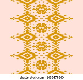 Lace border. Ikat seamless pattern. Vector tie dye shibori print with stripes and chevron. Ink textured japanese background. Ethnic fabric. Bohemian fashion. African creative. Damask rug. 