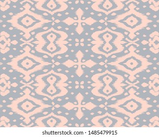 Lace border. Ikat seamless pattern. Vector tie dye shibori print with stripes and chevron. Ink textured japanese background. Ethnic fabric. Bohemian fashion. African creative. Damask rug. 