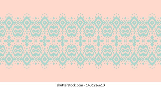 Lace border. Ikat seamless pattern. Vector tie dye shibori print with stripes and chevron. Ink textured japanese background. Ethnic fabric. Bohemian fashion. African creative. Damask rug. 