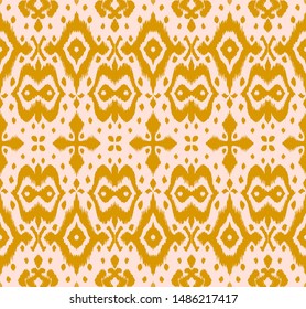 Lace border. Ikat seamless pattern. Vector tie dye shibori print with stripes and chevron. Ink textured japanese background. Ethnic fabric. Bohemian fashion. African creative. Damask rug. 