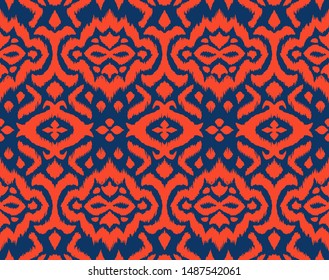 Lace border. Ikat seamless pattern. Vector tie dye shibori print with stripes and chevron. 