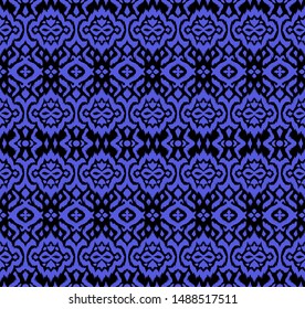 Lace border. Ikat seamless pattern. Vector tie dye shibori print with stripes and chevron. 
