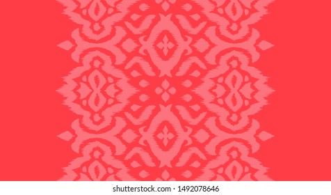 Lace border. Ikat seamless pattern. Vector tie dye shibori print with stripes and chevron. 
