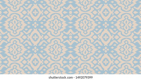 Lace border. Ikat seamless pattern. Vector tie dye shibori print with stripes and chevron. 