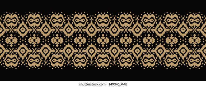 Lace border. Ikat seamless pattern. Vector tie dye shibori print with stripes and chevron. Ink textured japanese background. Ethnic fabric. Bohemian fashion. African creative. Damask rug. 