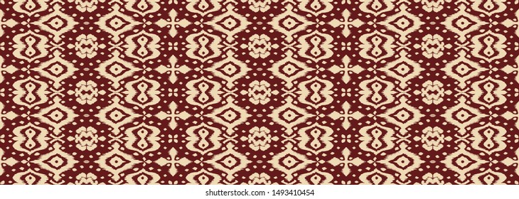 Lace border. Ikat seamless pattern. Vector tie dye shibori print with stripes and chevron. Ink textured japanese background. Ethnic fabric. Bohemian fashion. African creative. Damask rug. 