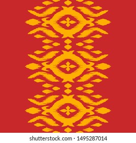 Lace border. Ikat seamless pattern. Vector tie dye shibori print with stripes and chevron. Ink textured japanese background. Ethnic fabric. Bohemian fashion. African creative. Damask rug.