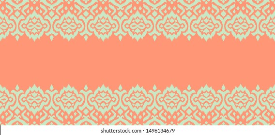 Lace border. Ikat seamless pattern. Vector tie dye shibori print with stripes and chevron. 