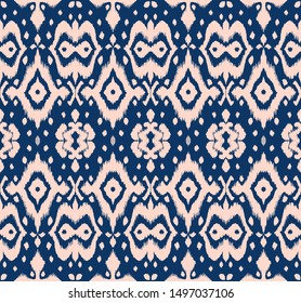 Lace border. Ikat seamless pattern. Vector tie dye shibori print with stripes and chevron. Ink textured japanese background. Ethnic fabric. Bohemian fashion. African creative. Damask rug. 